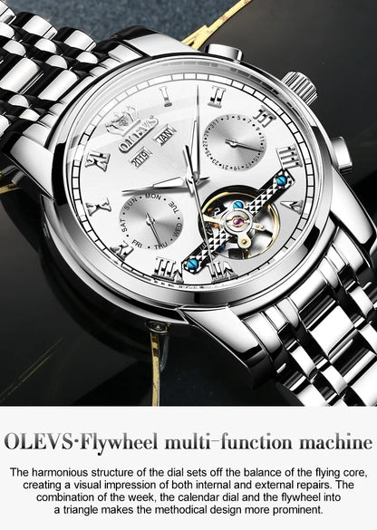 OLEVS Men's Watches Automatic Mechanical Business Wristwatch Waterproof Stainless Steel Strap Watch for Man Skeleton Calendar