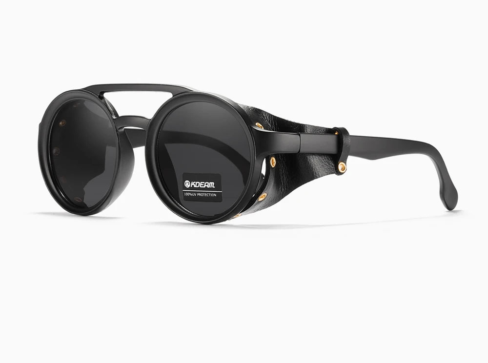 KDEAM Vintage Round Sunglasses Men Women Leather Shield Sun Glasses  Twin Bridge Designed Shade KD179