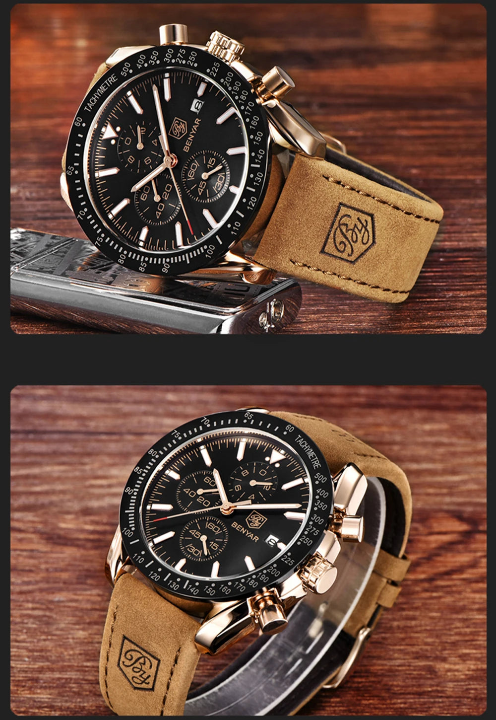 BENYAR Luxusuhren für Herren – Quarz-Armbanduhren mit Lederarmband, wasserdicht bis 30 m, sportlicher Stil.
