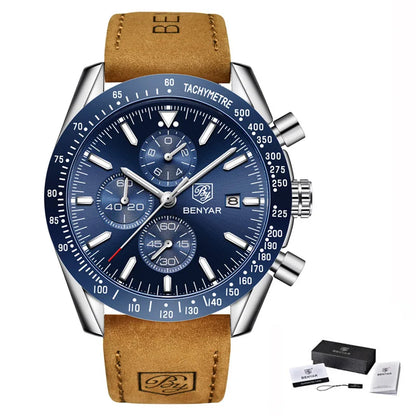 BENYAR Luxusuhren für Herren – Quarz-Armbanduhren mit Lederarmband, wasserdicht bis 30 m, sportlicher Stil.