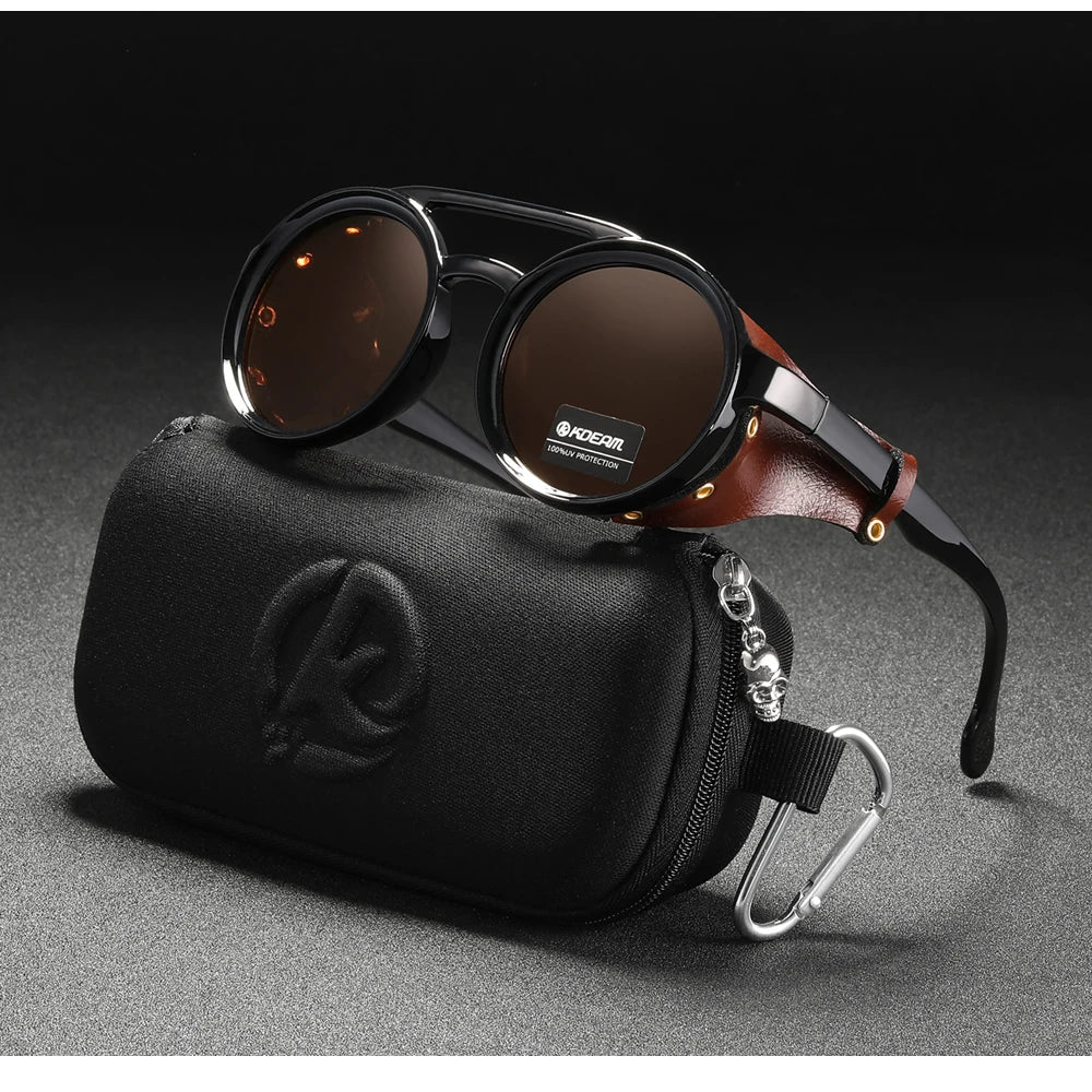 KDEAM Vintage Round Sunglasses Men Women Leather Shield Sun Glasses  Twin Bridge Designed Shade KD179