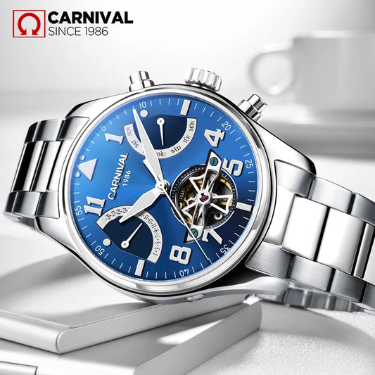 CARNIVAL Fashion Tourbillon Mechanical Watches for Man Automatic Watch Sapphire Waterproof Calendar Luminous Relogio Masculino