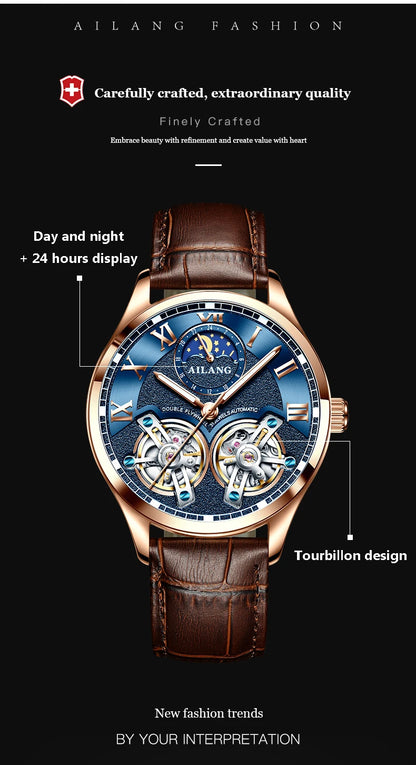 AILANG Double Tourbillon Design Business Men Mechanical Watch Fashion Leather Moon Phase Automatic Watches for Men Reloj Hombre