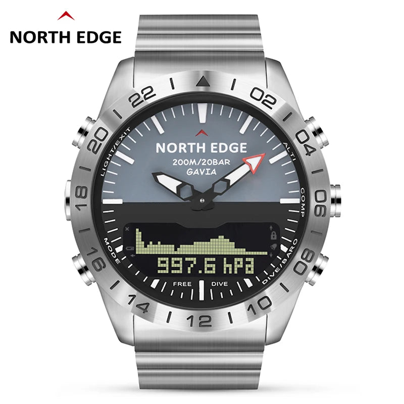 NORTH EDGE Men's Dive Watch Military Army Luxury Full Steel Smartwatch Compass Altimeter Barometer Digital Clock Waterproof 200m