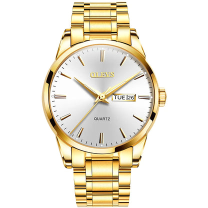 OLEVS herenhorloge – Roestvrijstalen quartz-polshorloge, waterdicht, goudkleurig, elegant en stralend, luxe accessoire voor heren