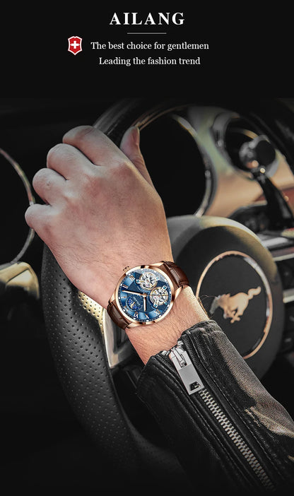 AILANG Double Tourbillon Design Business Men Mechanical Watch Fashion Leather Moon Phase Automatic Watches for Men Reloj Hombre