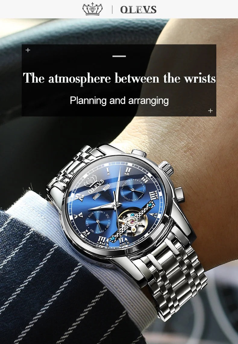 OLEVS Men's Watches Automatic Mechanical Business Wristwatch Waterproof Stainless Steel Strap Watch for Man Skeleton Calendar
