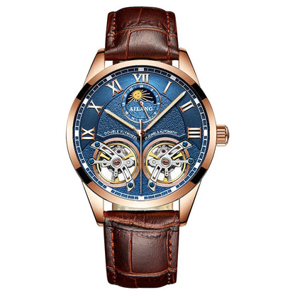 AILANG Double Tourbillon Design Business Men Mechanical Watch Fashion Leather Moon Phase Automatic Watches for Men Reloj Hombre