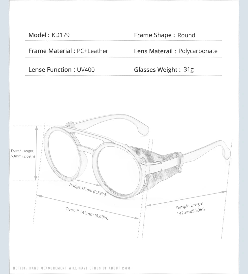 KDEAM Vintage Round Sunglasses Men Women Leather Shield Sun Glasses  Twin Bridge Designed Shade KD179