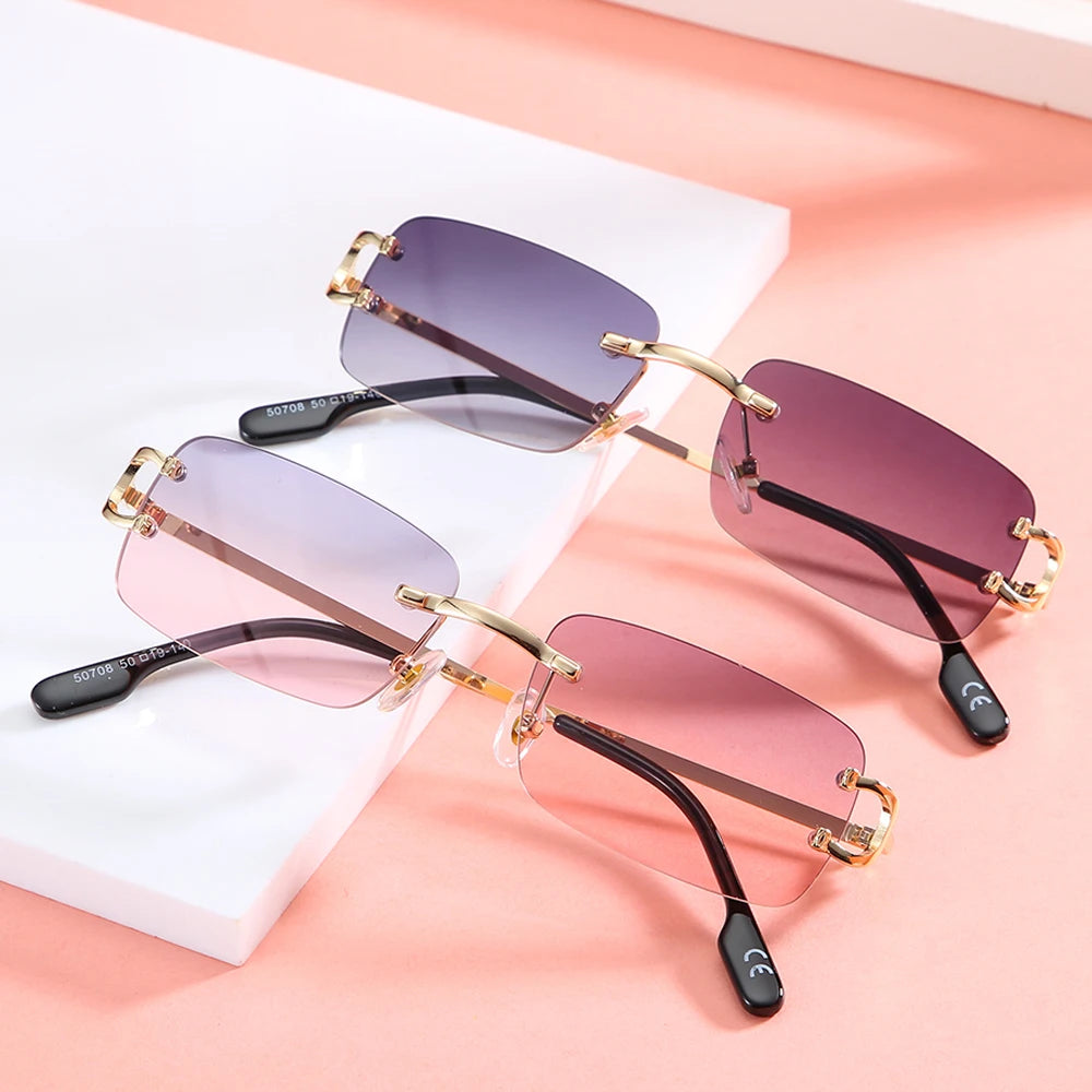Kachawoo retro rectangular sunglasses rimless male female uv400 small sun glasses fashion blue pink gold metal birthday gifts