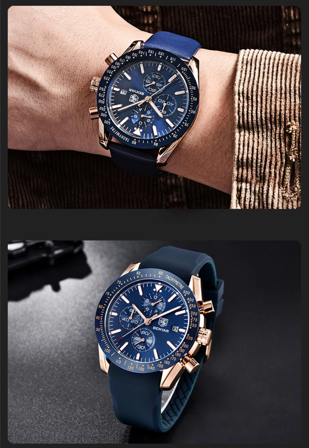 BENYAR Luxusuhren für Herren – Quarz-Armbanduhren mit Lederarmband, wasserdicht bis 30 m, sportlicher Stil.