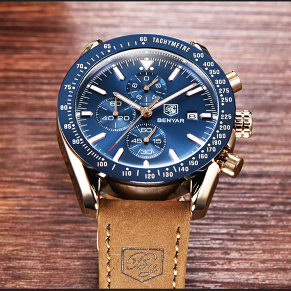 BENYAR Luxusuhren für Herren – Quarz-Armbanduhren mit Lederarmband, wasserdicht bis 30 m, sportlicher Stil.