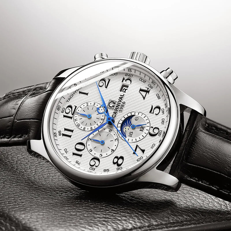 Carnival Brand Automatic Watch, Fashion Luxury Waterproof Calendar with Moon Phase, Mechanical Watches for Men