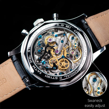 Sugess Men Watch ST1908 Swanneck Movement Mechanical Chronograph Wristwatch Genuine Moonphase Calendar Vintage Leather NEW 2023
