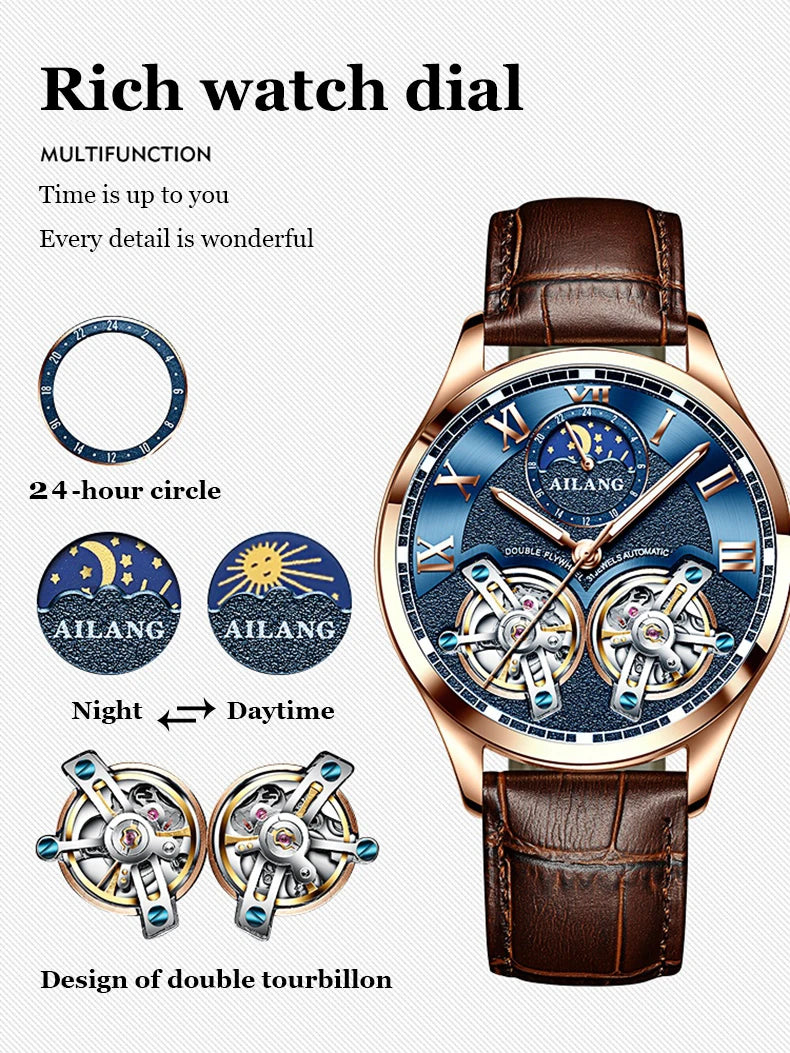 AILANG Double Tourbillon Design Business Men Mechanical Watch Fashion Leather Moon Phase Automatic Watches for Men Reloj Hombre