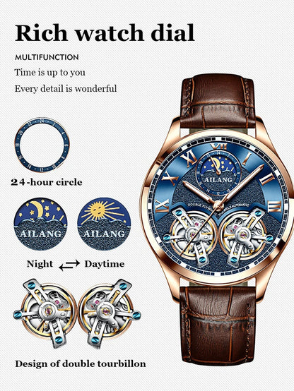 AILANG Double Tourbillon Design Business Men Mechanical Watch Fashion Leather Moon Phase Automatic Watches for Men Reloj Hombre