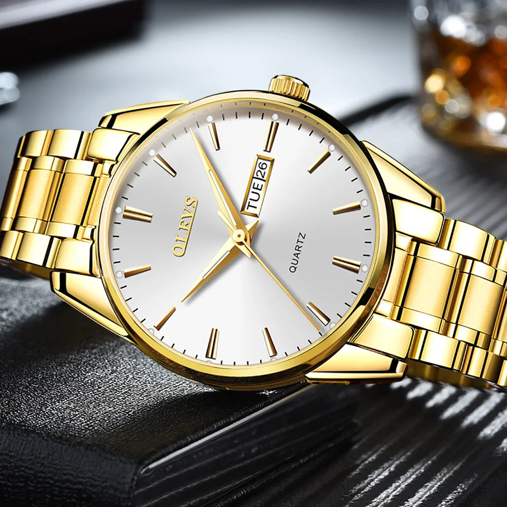 OLEVS herenhorloge – Roestvrijstalen quartz-polshorloge, waterdicht, goudkleurig, elegant en stralend, luxe accessoire voor heren