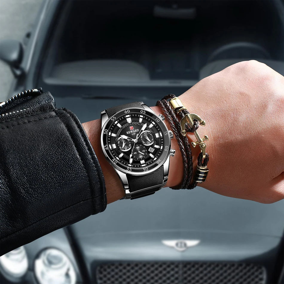 REWARD Big Dial Mens Watches Top Luxury Brand Sport Waterproof Watch Men Chronograph Quartz Clock Automatic Date WristWatches