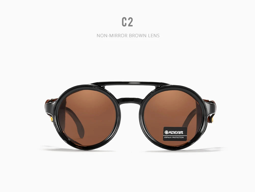 KDEAM Vintage Round Sunglasses Men Women Leather Shield Sun Glasses  Twin Bridge Designed Shade KD179