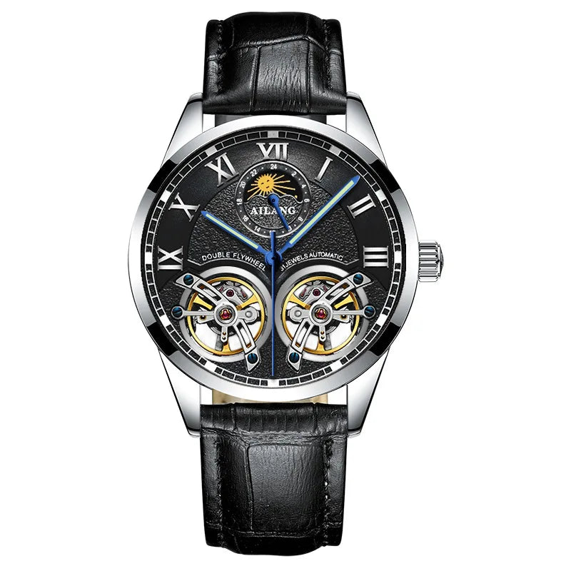 AILANG Double Tourbillon Design Business Men Mechanical Watch Fashion Leather Moon Phase Automatic Watches for Men Reloj Hombre