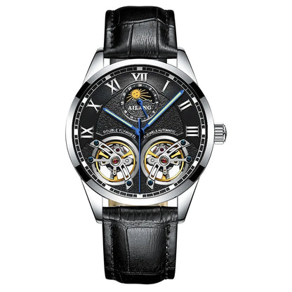AILANG Double Tourbillon Design Business Men Mechanical Watch Fashion Leather Moon Phase Automatic Watches for Men Reloj Hombre