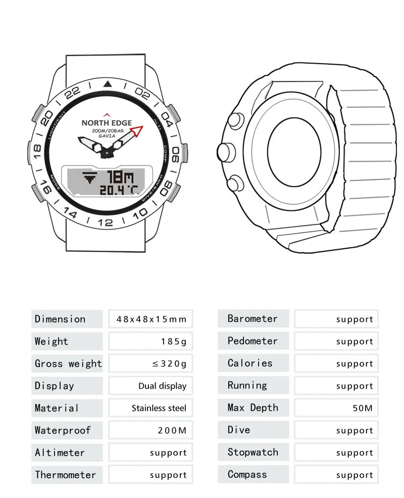 Stainless steel Men Quartz Watch Dive Sport Watches Waterproof 200M Analog Digital Watch Altimeter Barometer Compass NORTH EDGE