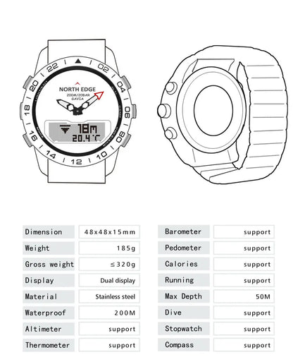 Stainless steel Men Quartz Watch Dive Sport Watches Waterproof 200M Analog Digital Watch Altimeter Barometer Compass NORTH EDGE