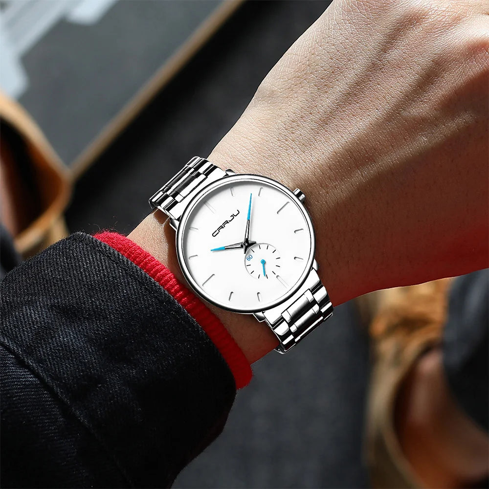 Montre pour homme CRRJU – Montre-bracelet en acier inoxydable, style décontracté et luxueux, étanche, montre de sport à quartz pour homme