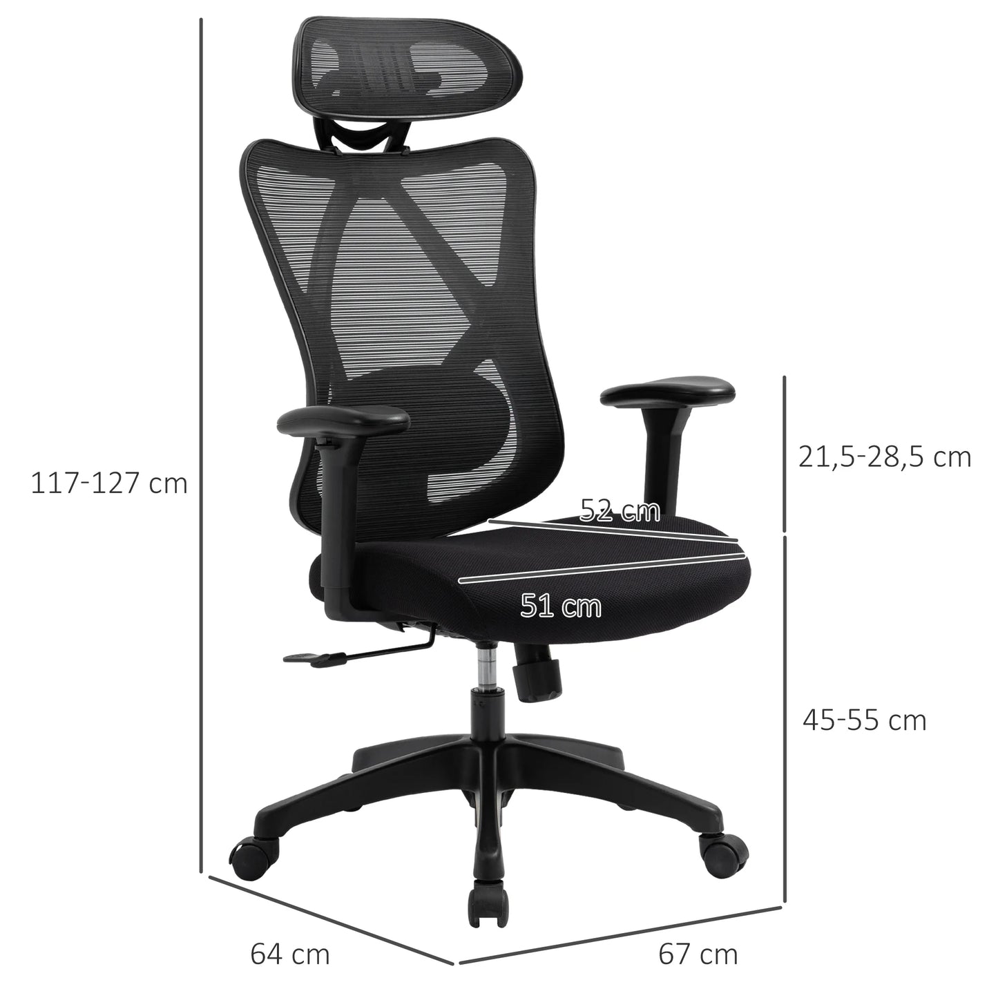 Vinsetto Ergonomic Swivel Office Chair with Adjustable Headrest, 2D Armrests, Lumbar Support, Height Adjustable Mesh Office Chair, Black