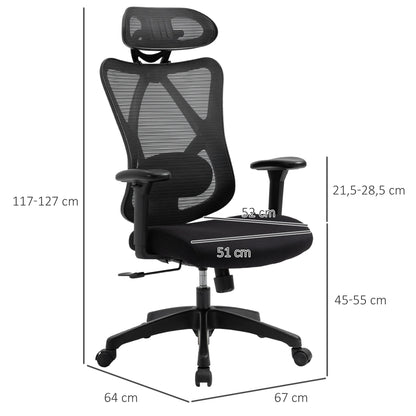 Vinsetto Ergonomic Swivel Office Chair with Adjustable Headrest, 2D Armrests, Lumbar Support, Height Adjustable Mesh Office Chair, Black