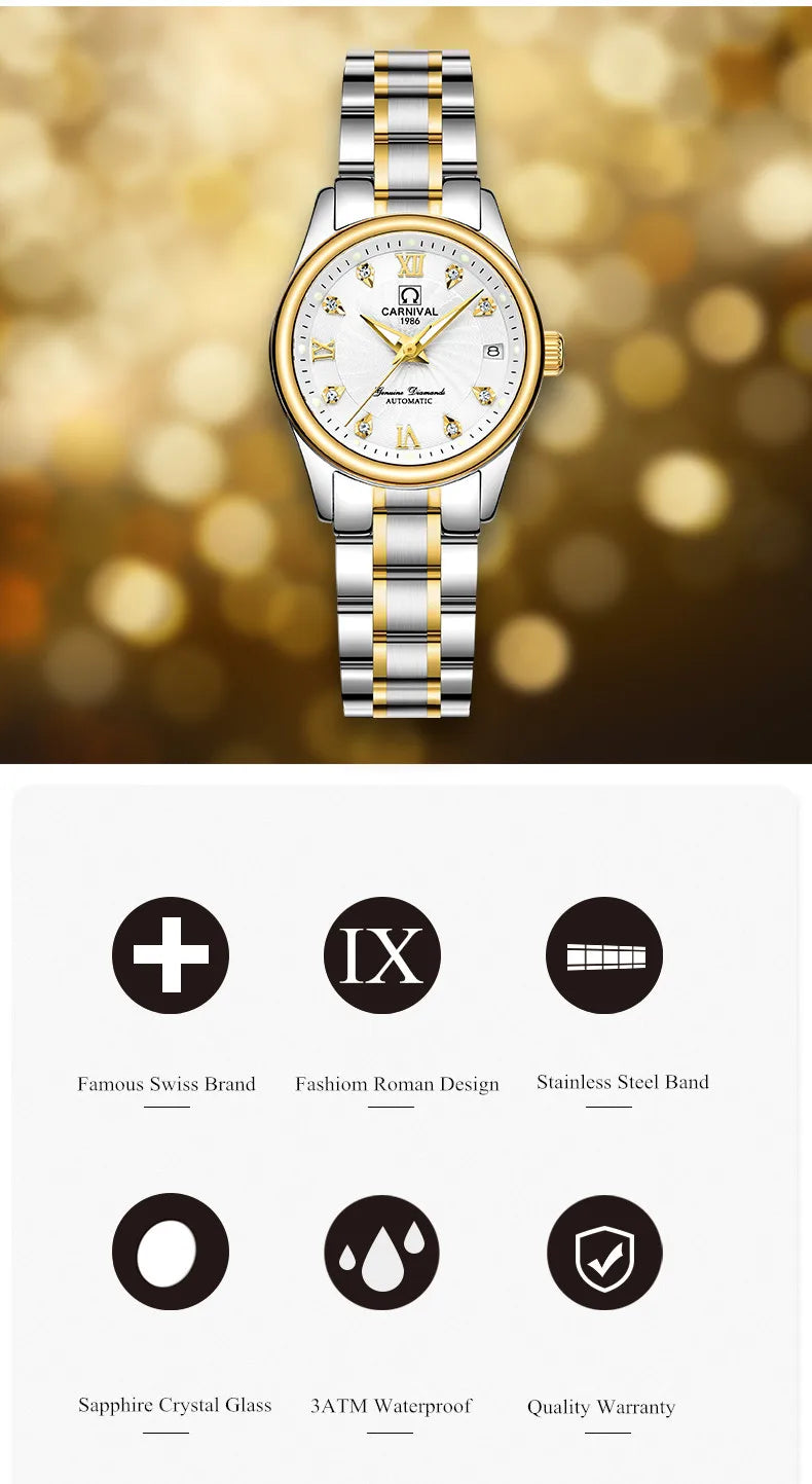 Relógio mecânico de luxo CARNIVAL para mulher, com movimento automático em safira, impermeável, relógio de pulso feminino elegante