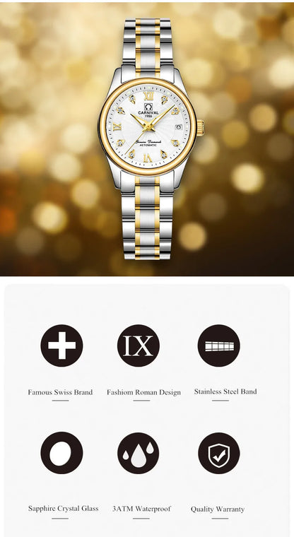 Relógio mecânico de luxo CARNIVAL para mulher, com movimento automático em safira, impermeável, relógio de pulso feminino elegante