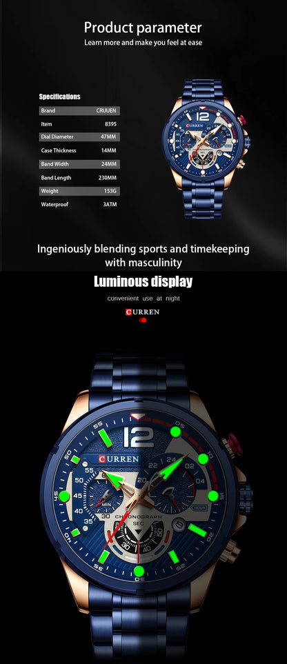 CURREN Casual Business Chronograph Waterproof Stainless Steel Watch Mens New Luxury Fashion Quartz Men wristwatch  часы мужские