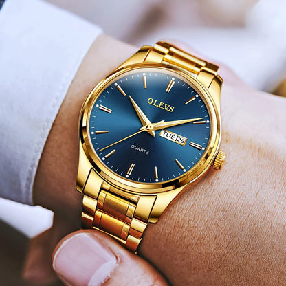 OLEVS herenhorloge – Roestvrijstalen quartz-polshorloge, waterdicht, goudkleurig, elegant en stralend, luxe accessoire voor heren