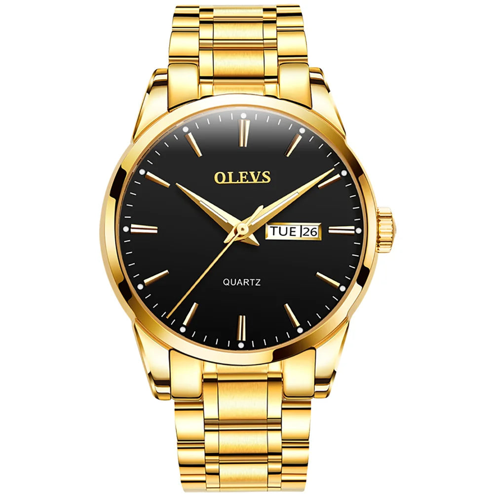 OLEVS herenhorloge – Roestvrijstalen quartz-polshorloge, waterdicht, goudkleurig, elegant en stralend, luxe accessoire voor heren