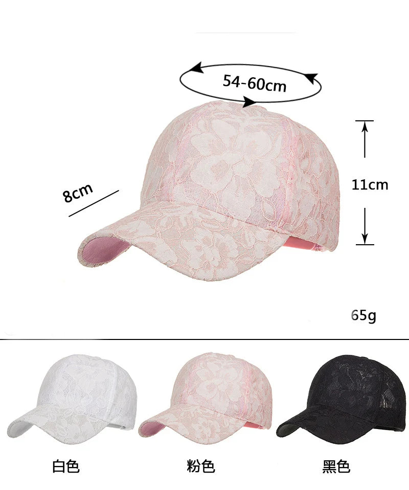 Baseballkappen für Damen im Prinzessinnen-Stil mit Spitzenstickerei und Blumenmuster aus Netzstoff für Frühling und Sommer – atmungsaktive Snapback-Kappen für junge Damen BQ091
