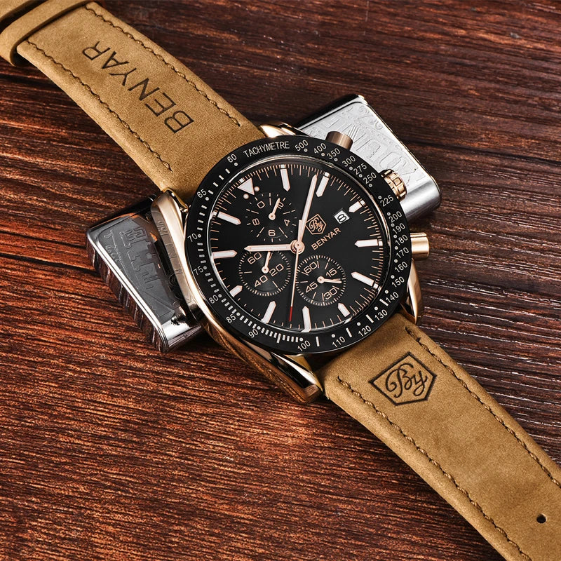 BENYAR Luxusuhren für Herren – Quarz-Armbanduhren mit Lederarmband, wasserdicht bis 30 m, sportlicher Stil.