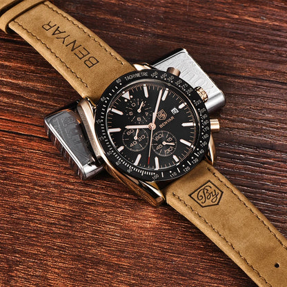BENYAR Luxusuhren für Herren – Quarz-Armbanduhren mit Lederarmband, wasserdicht bis 30 m, sportlicher Stil.