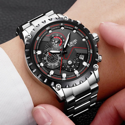 Reloj para hombre LIGE: reloj de cuarzo de última tendencia, marca de lujo, totalmente de acero, estilo profesional, resistente al agua y deportivo. Se entrega con estuche.