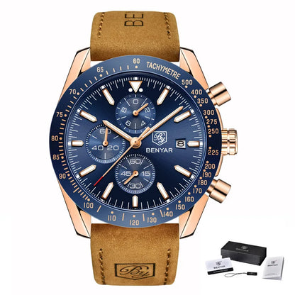 BENYAR Luxusuhren für Herren – Quarz-Armbanduhren mit Lederarmband, wasserdicht bis 30 m, sportlicher Stil.