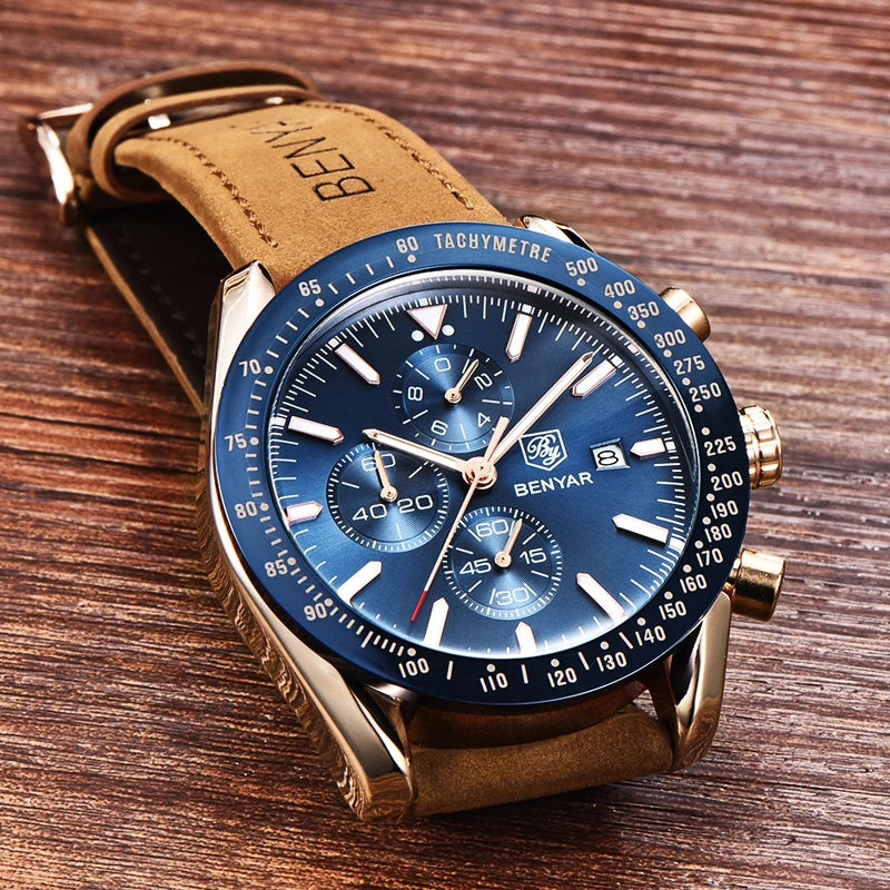 BENYAR Luxusuhren für Herren – Quarz-Armbanduhren mit Lederarmband, wasserdicht bis 30 m, sportlicher Stil.