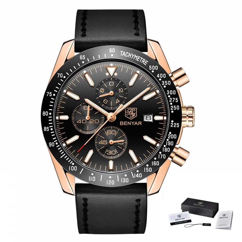 BENYAR Luxusuhren für Herren – Quarz-Armbanduhren mit Lederarmband, wasserdicht bis 30 m, sportlicher Stil.
