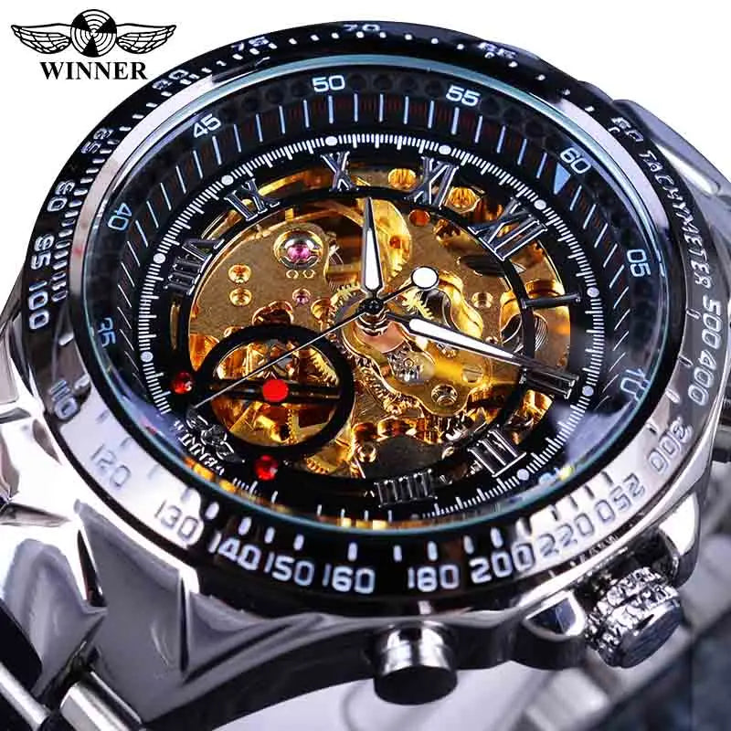 Zegarek męski Winner – sportowy design, wykończona ramka, modny styl, prestiżowa marka, zegarek automatyczny z widocznym mechanizmem (skeletowy)
