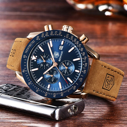 BENYAR Luxusuhren für Herren – Quarz-Armbanduhren mit Lederarmband, wasserdicht bis 30 m, sportlicher Stil.