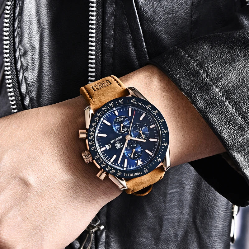 BENYAR Luxusuhren für Herren – Quarz-Armbanduhren mit Lederarmband, wasserdicht bis 30 m, sportlicher Stil.
