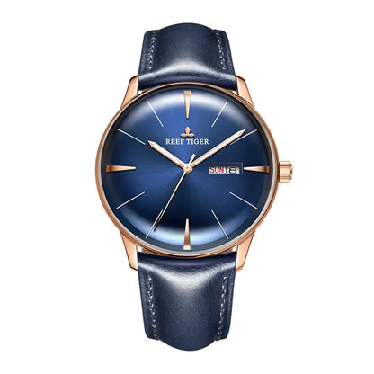 Reef Tiger/RT Luxury Dress Watch Men Genuine Leather Strap Blue Watch Automatic Mechanical Watches Waterproof Date Watch RGA8238