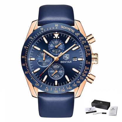 BENYAR Luxusuhren für Herren – Quarz-Armbanduhren mit Lederarmband, wasserdicht bis 30 m, sportlicher Stil.