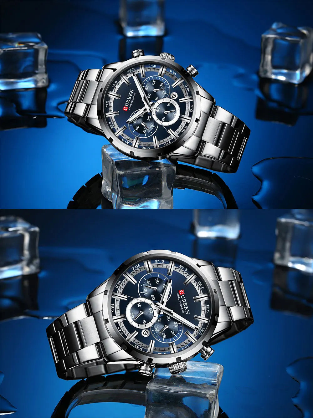 Reloj Curren para hombre con esfera azul, correa de acero inoxidable y fecha, reloj masculino de negocios, resistente al agua, reloj de pulsera de lujo para hombre