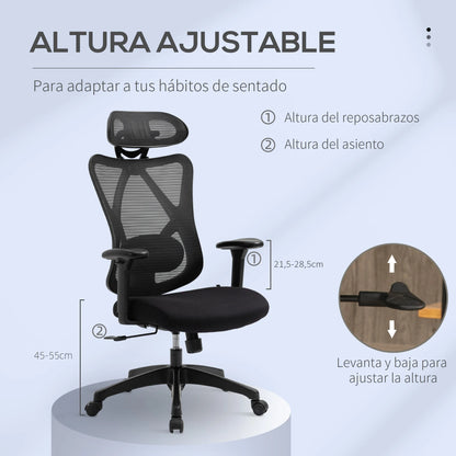 Vinsetto Ergonomic Swivel Office Chair with Adjustable Headrest, 2D Armrests, Lumbar Support, Height Adjustable Mesh Office Chair, Black