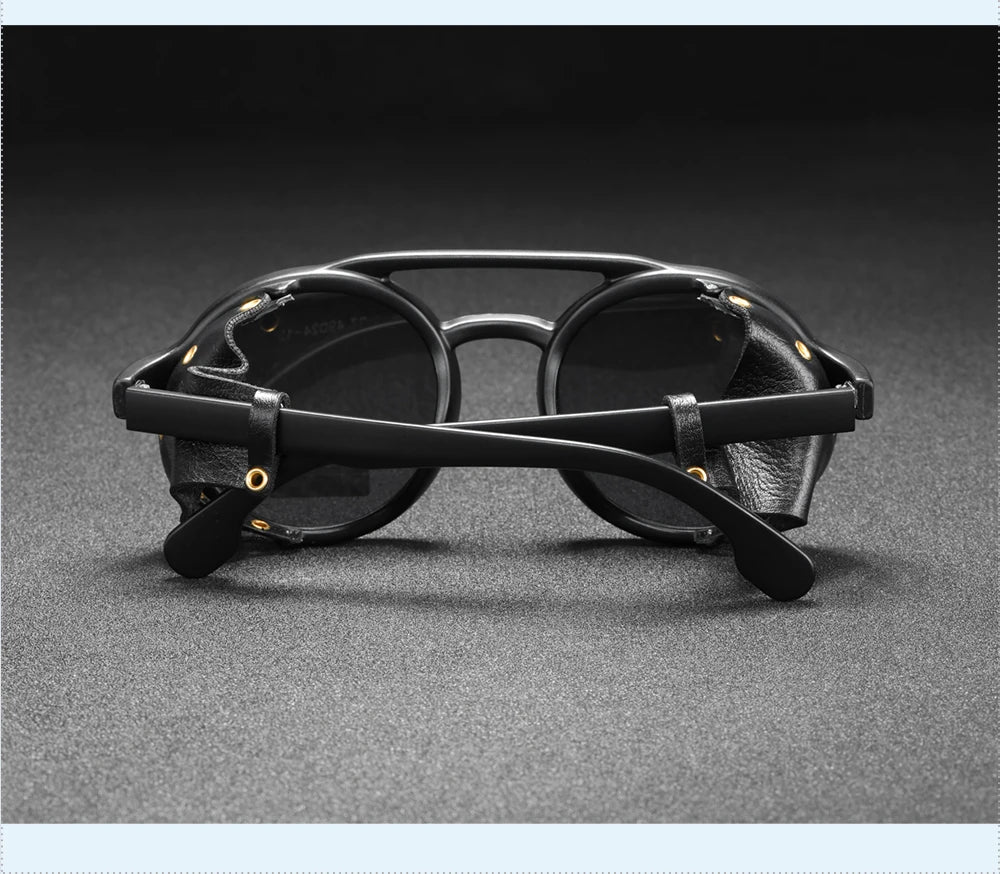 KDEAM Vintage Round Sunglasses Men Women Leather Shield Sun Glasses  Twin Bridge Designed Shade KD179